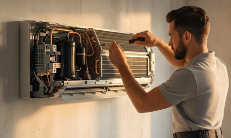 Técnico manipula los componentes internos durante una instalación de aire acondicionado en Barcelona