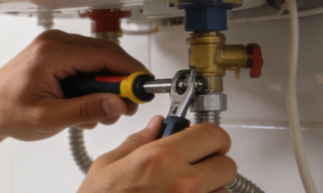 Instalador ajustando una válvula de gas en una instalación de calderas en Barcelona