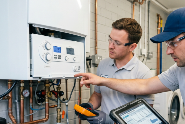 Técnico de Tecnics BCN SAT reparando el panel eléctrico de un termo durante un servicio en Barcelona