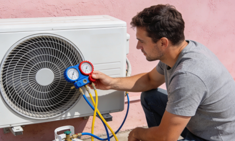 Técnico realiza la carga de gas durante la instalación de aire acondicionado en Barcelona
