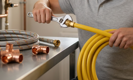 Técnico ajustando los mandos de un calentador de gas en una cocina durante su instalación en Barcelona
