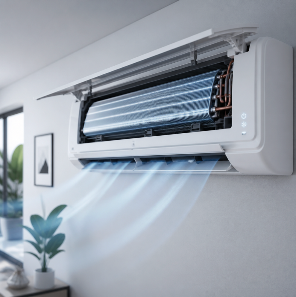 Unidad de aire acondicionado en funcionamiento tras su instalación en un salón de Barcelona