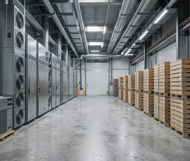 Sala de compresores de un sistema de frío industrial durante una reparación en Barcelona