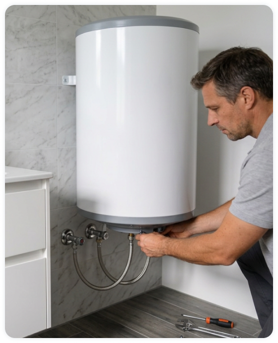 Técnico instalando un termo eléctrico en la pared de un baño con mármol en Barcelona