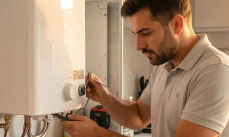 Profesional realizando la instalación de calderas y termostato en una vivienda de Barcelona