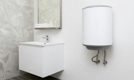 Termo eléctrico instalado sobre un mueble de baño con espejo en una vivienda de Barcelona