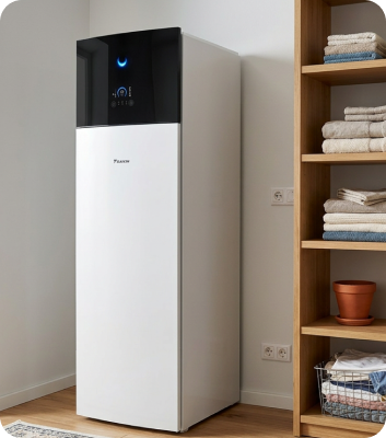 Unidad interior de aerotermia Daikin instalada en un pasillo durante un mantenimiento en Barcelona