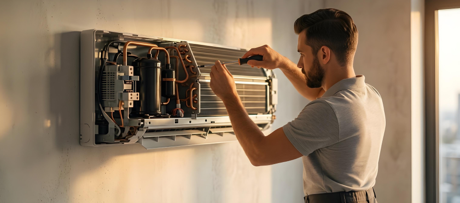 Técnico revisando el compresor de un aire acondicionado abierto durante una reparación en Barcelona
