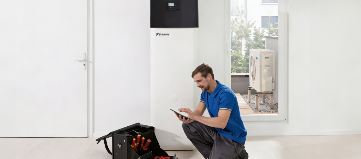 Técnico con tablet diagnosticando una unidad interior Daikin durante una reparación de aerotermia en Barcelona
