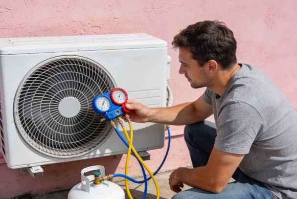 Técnico midiendo la presión de refrigerante de una unidad exterior durante una reparación de aire acondicionado en Barcelona