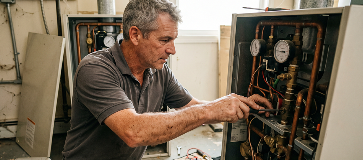 Técnico revisando el cuadro eléctrico y los manómetros de una caldera durante una reparación en Barcelona