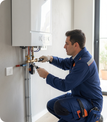 Técnico ajustando con alicates un calentador de pared durante un mantenimiento en Barcelona