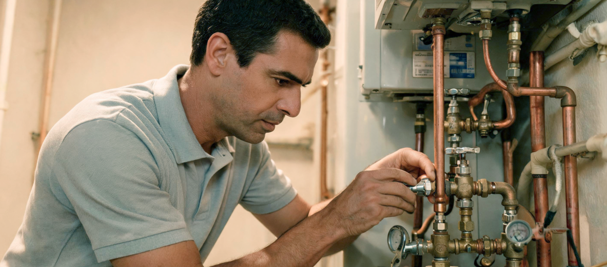 Técnico ajustando la válvula de un calentador de gas con manómetro durante una reparación en Barcelona