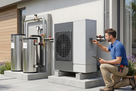 Técnico instalando bomba de calor en una vivienda de Barcelona